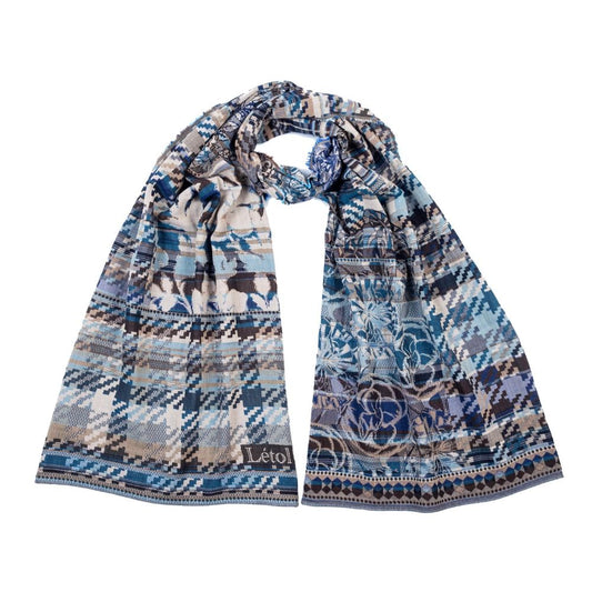 Letol organic cotton jacquard scarf Lambert in terre turquin navy blue plaid, floral and geometric.