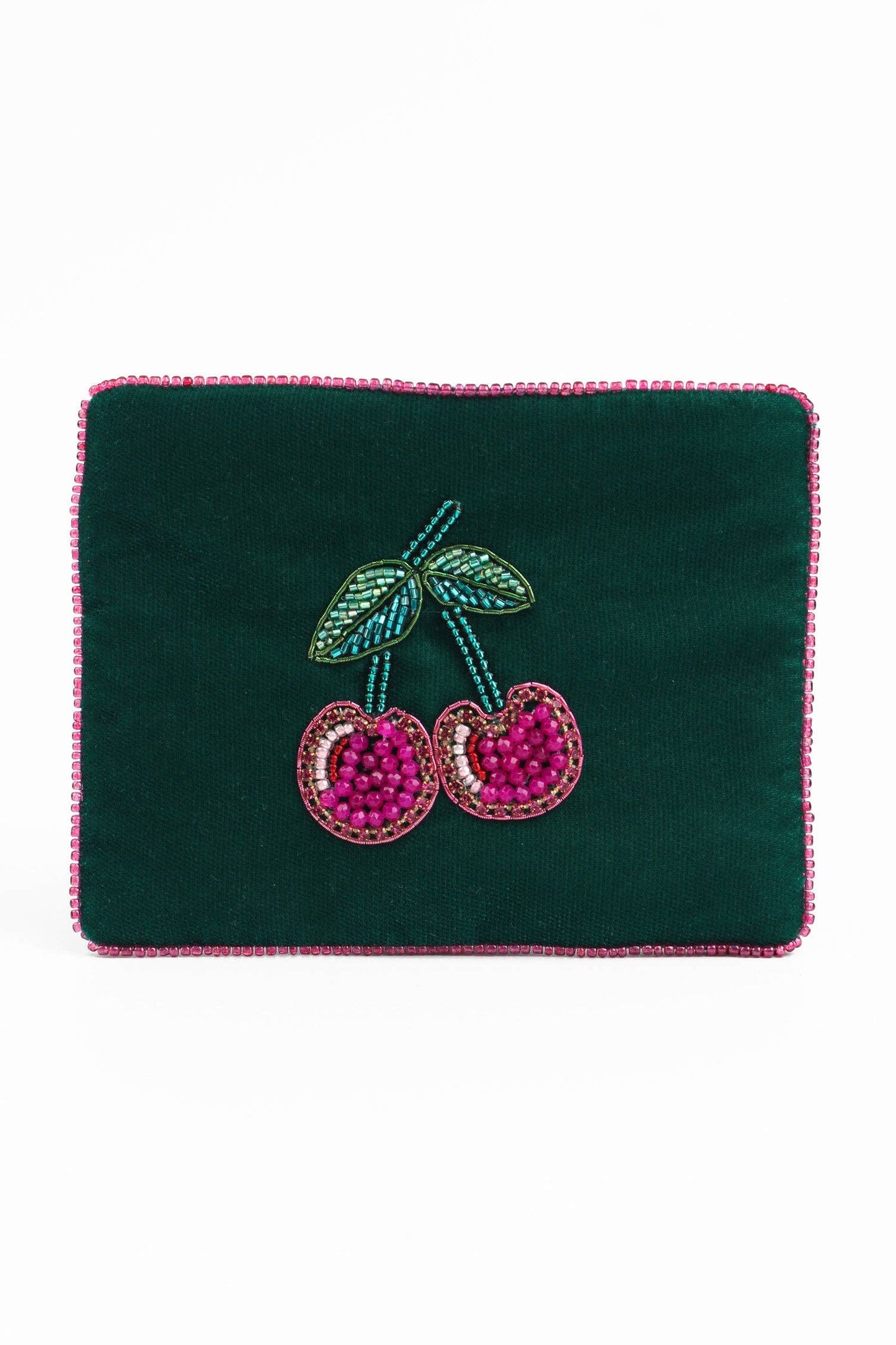 My Doris dark green velvet pouch with embroidered pink cherries.