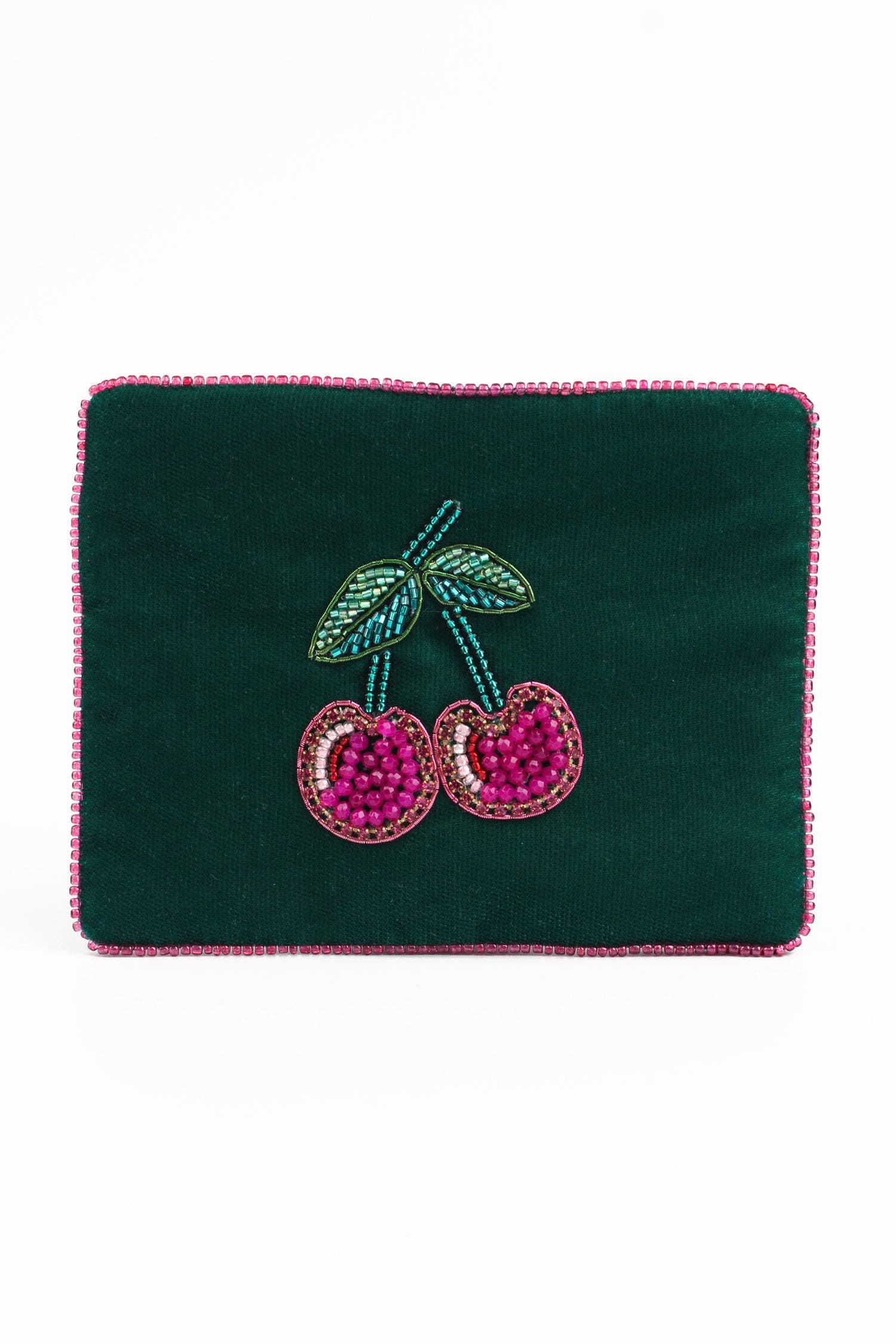 My Doris dark green velvet pouch with embroidered pink cherries.