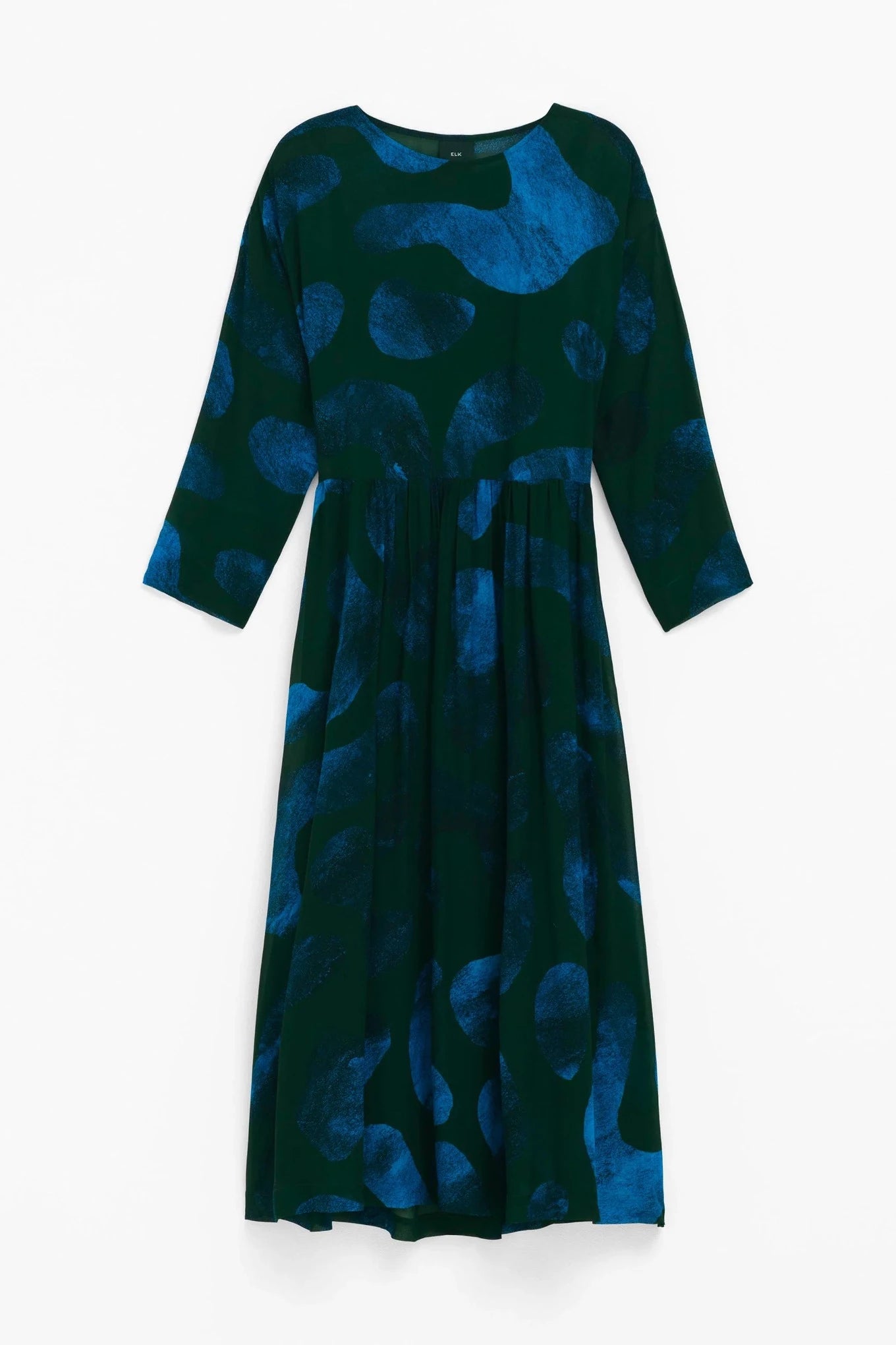 Elk Gira Sheer Dress long-sleeved crew neck dress with a set-in sleeve and dropped shoulder, gathered at waist seam.