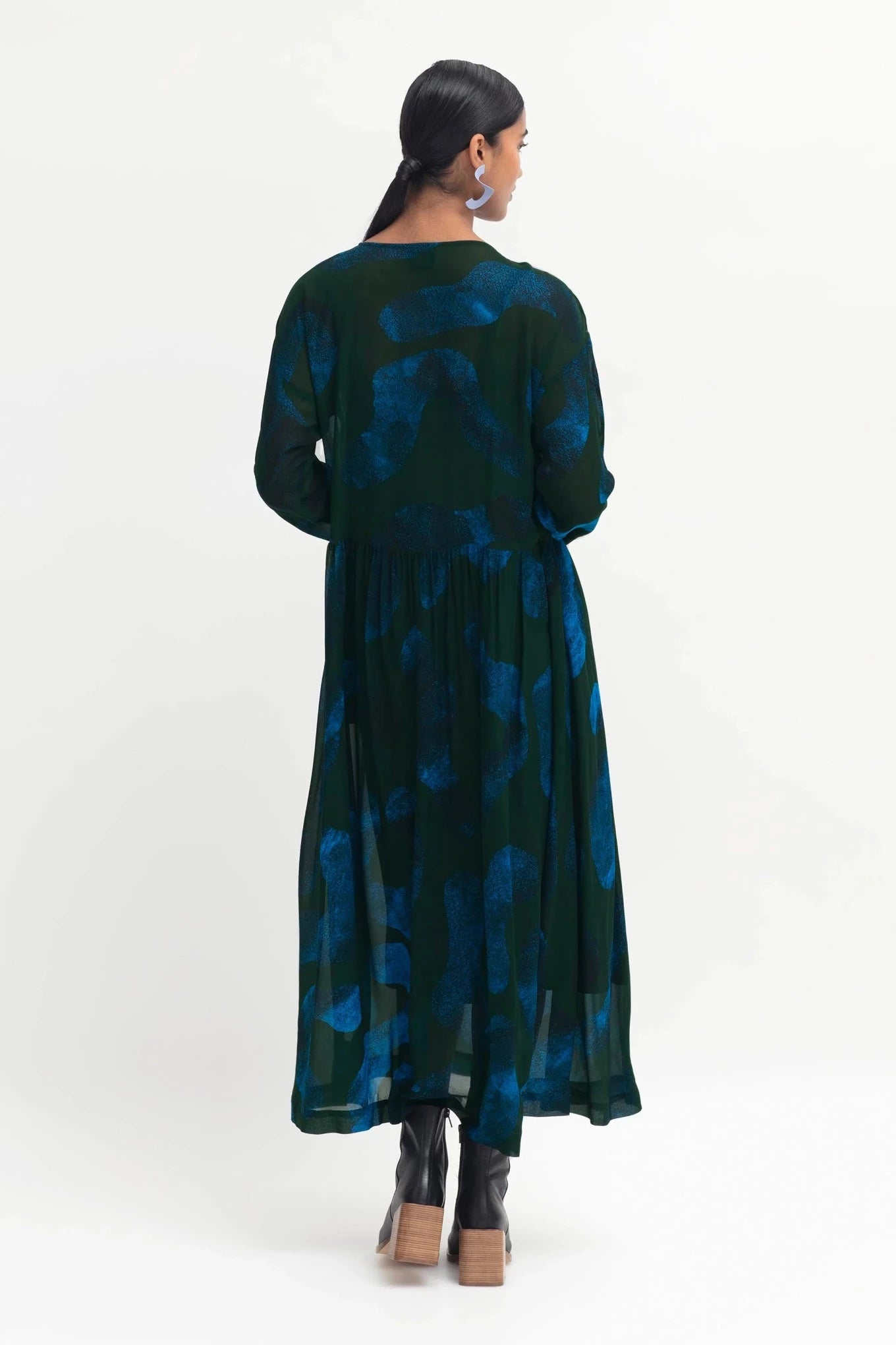 Elk Gira Sheer Dress long-sleeved crew neck dress with a set-in sleeve and dropped shoulder, gathered at waist seam.