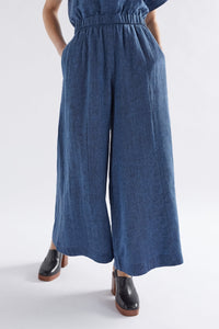 Elk the Label French linen Sav wide leg elastic waist pant in denim blue.