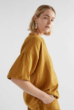 Load image into Gallery viewer, Elk Strom linen top with puff gathered sleeve in honey gold mustard yellow.