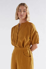 Load image into Gallery viewer, Elk Strom linen top with puff gathered sleeve in honey gold mustard yellow.