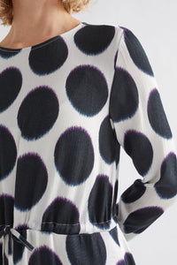 Elk the Label Ero viscose black and white spot print dress, drawstring waist long sleeves.