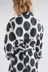 Elk the Label Ero linen trench coat, large black spot print on white linen.