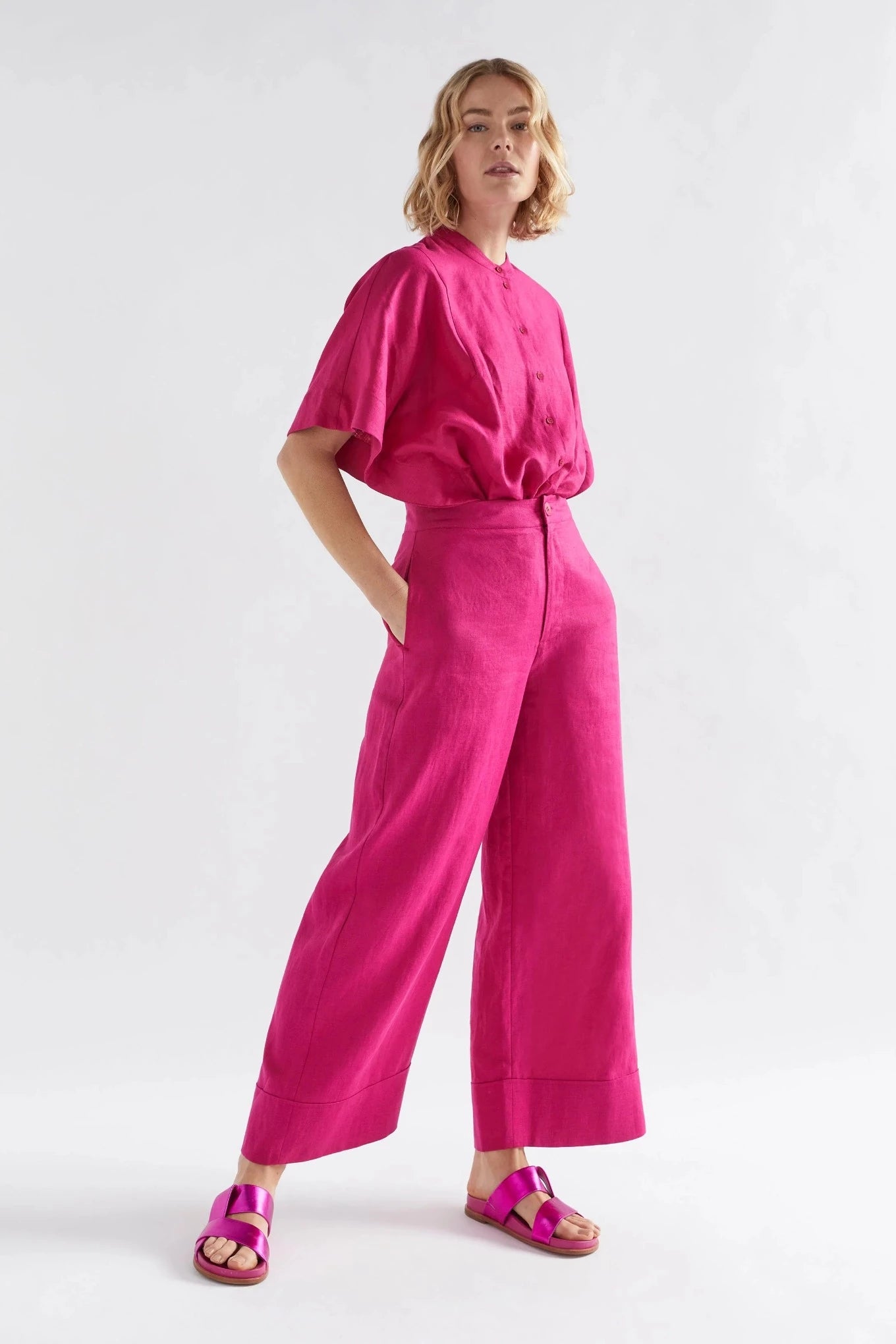 Elk the Label Anneli pants in bright pink French linen.