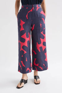 Elk Pira French linen pant in navy and pink Tera print.