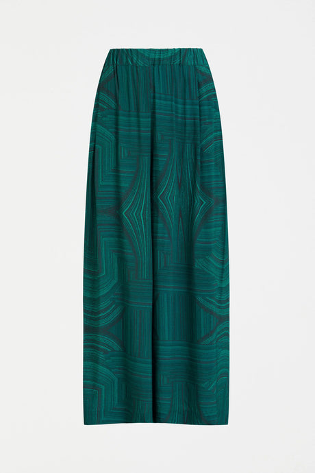 Elk Krava pant in Malachite print, viscose elastic waist wide leg.