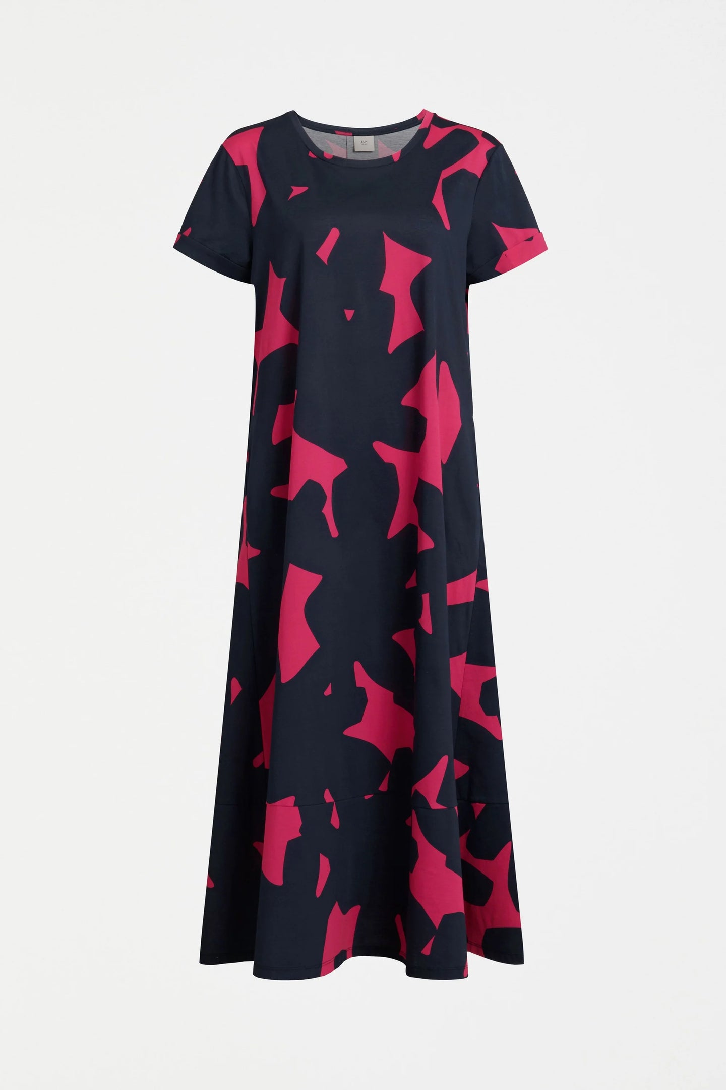 Elk organic cotton T-shirt Haki dress in navy and pink Tera print.