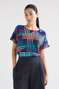 Elk Eryn short sleeved top in signature Ligheten print of colourful stripes.