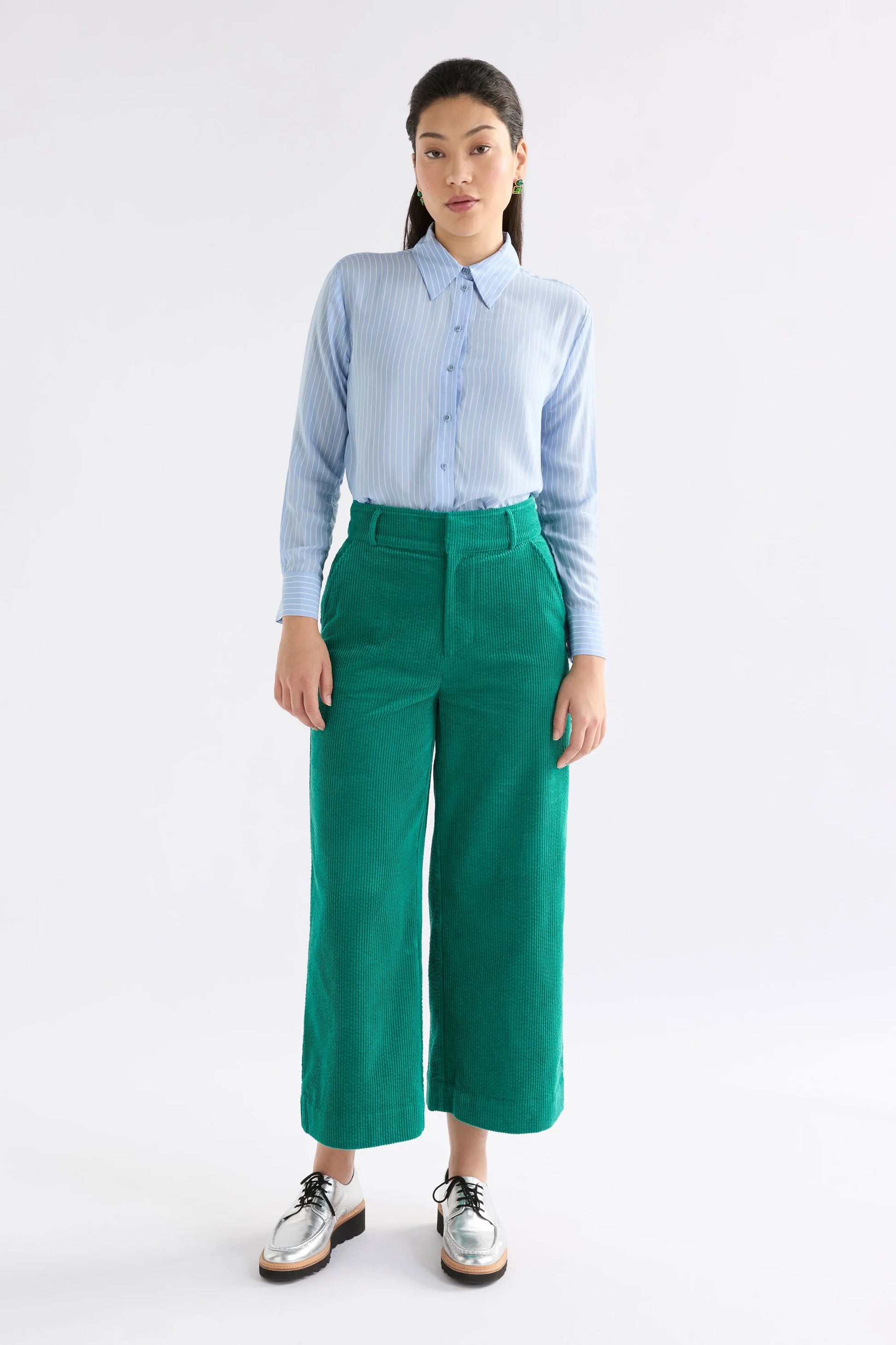 Elk Rhes organic cotton corduroy wide leg pants in island green.