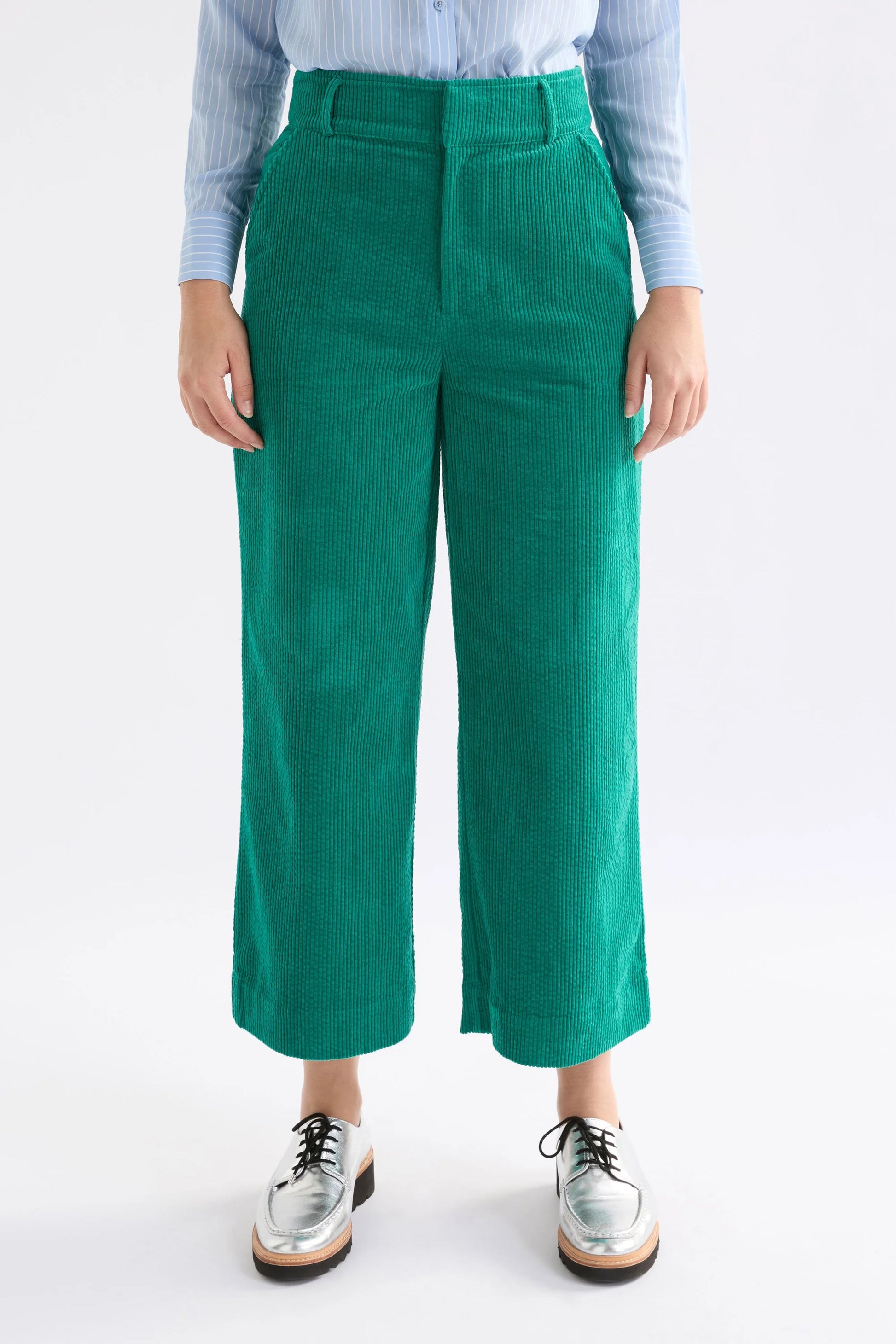Elk Rhes organic cotton corduroy wide leg pants in island green.