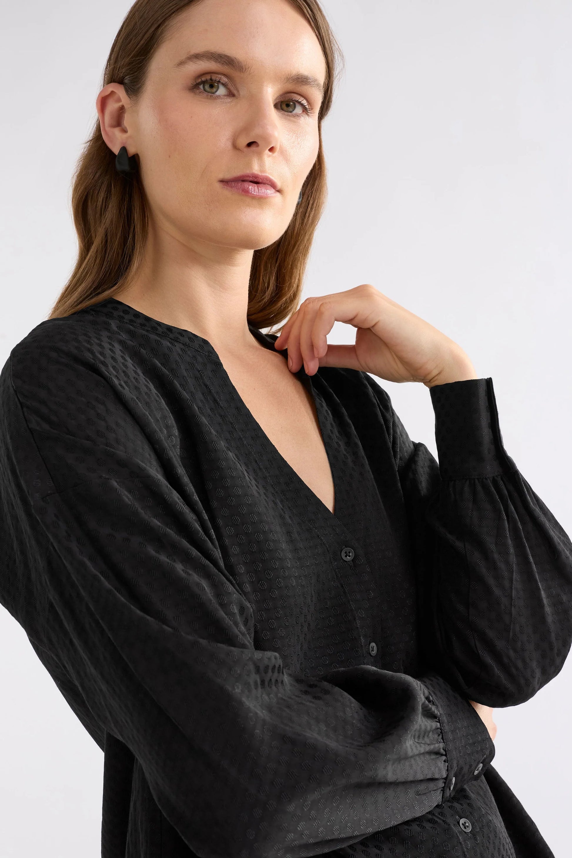 Elk Oben shirt in textured self spot black viscose.