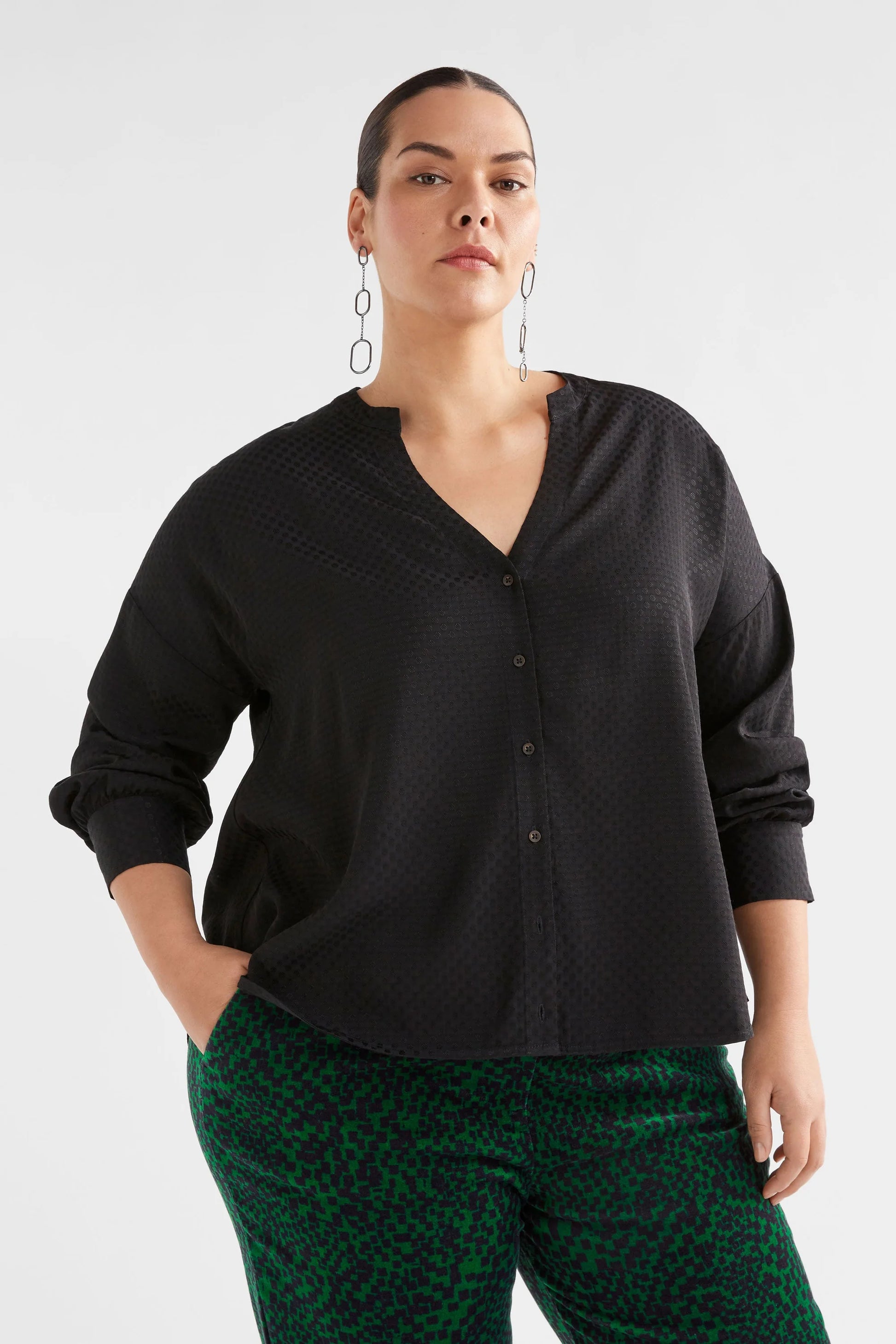 Elk Oben shirt in textured self spot black viscose.
