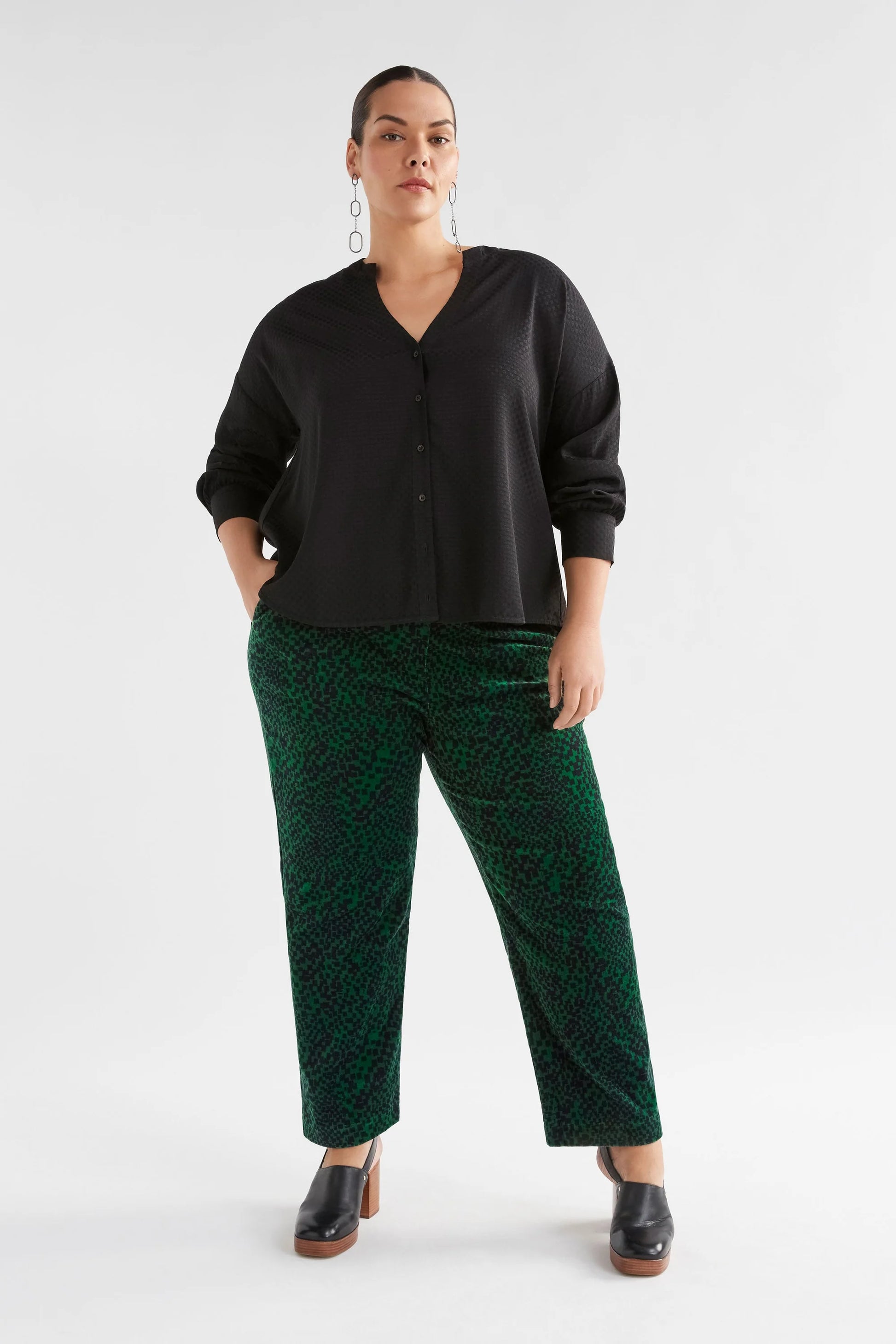 Elk Oben shirt in textured self spot black viscose.