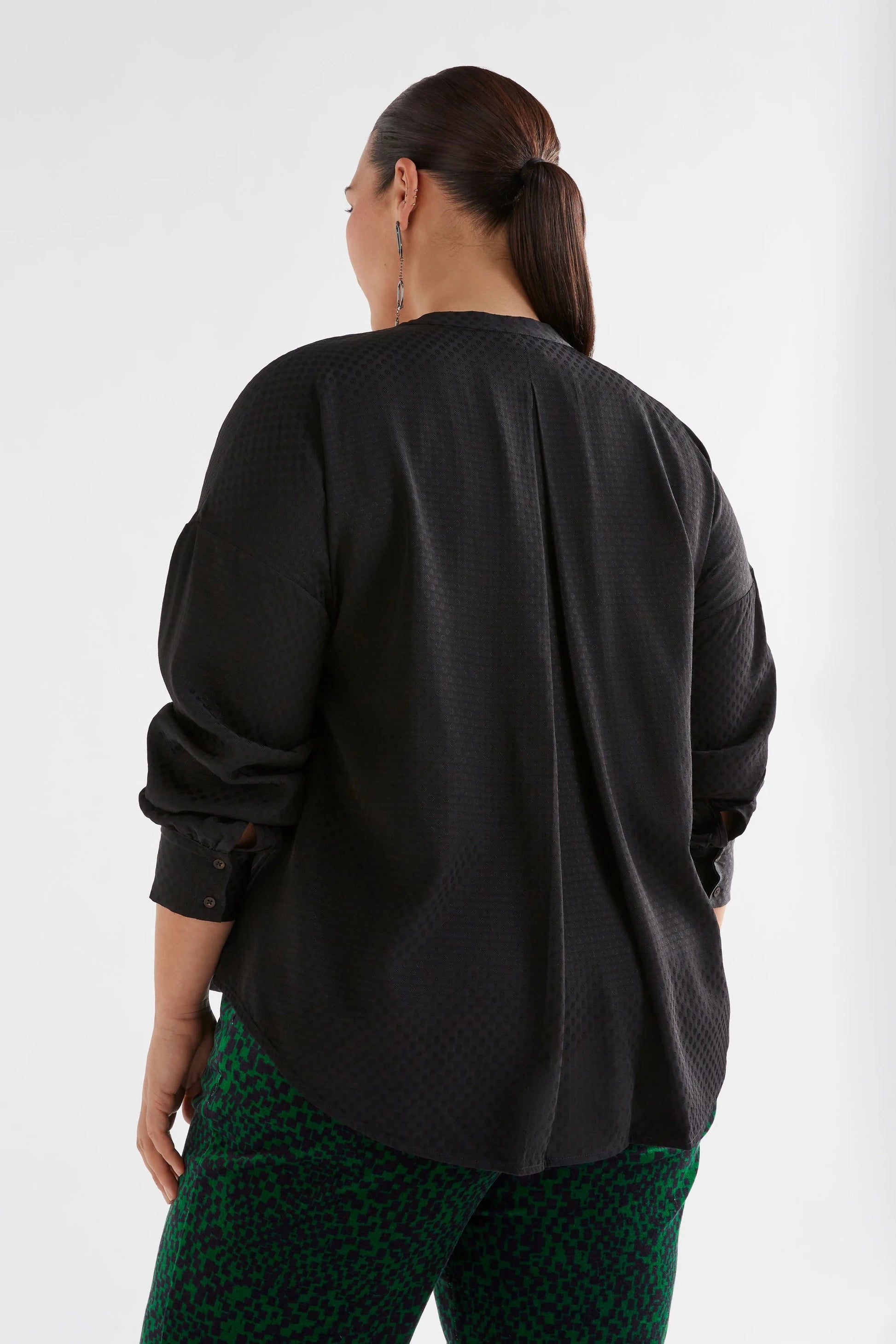 Elk Oben shirt in textured self spot black viscose.
