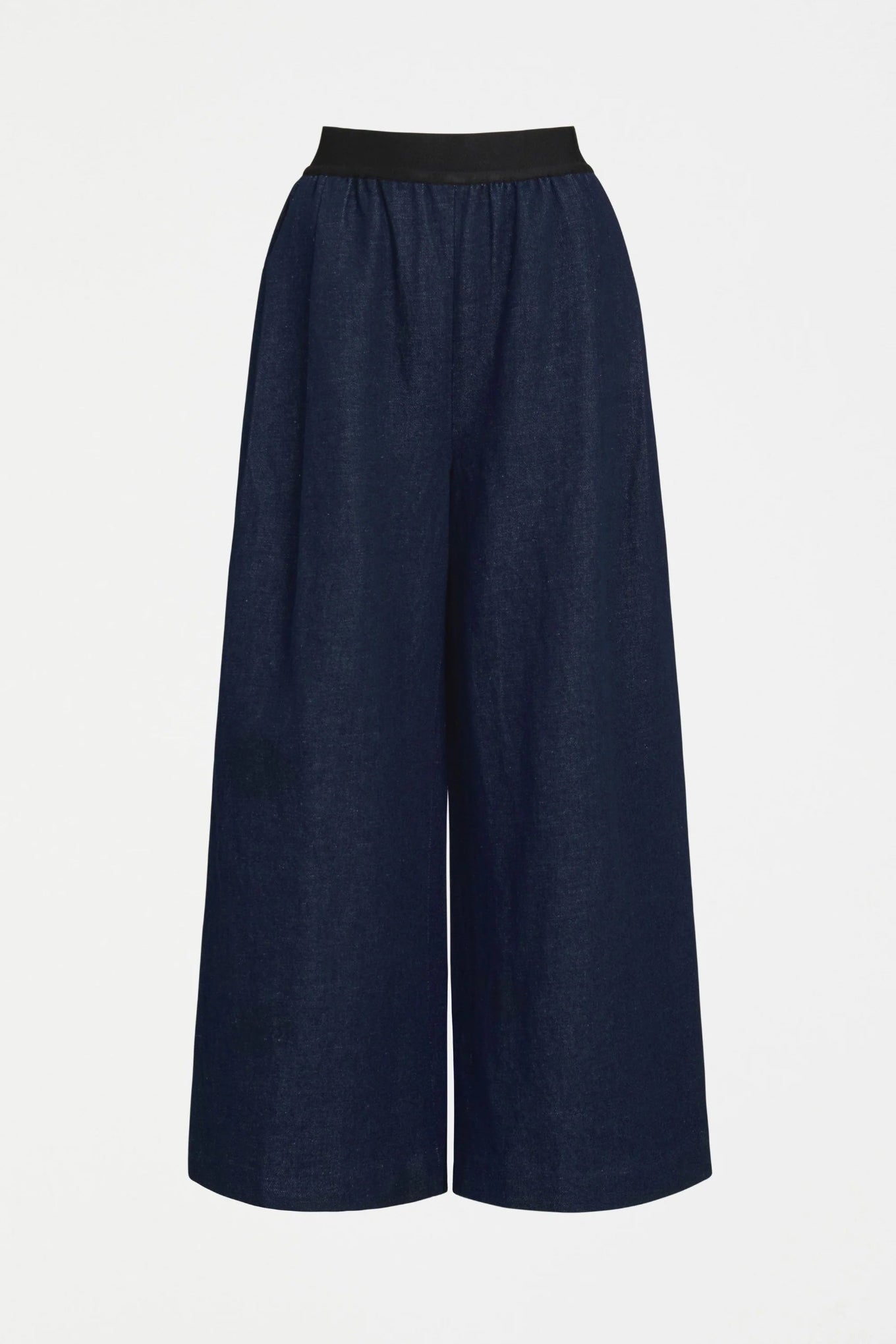 Elk Njolle indigo denim pant with contrast elastic waist.