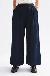 Elk Njolle indigo denim pant with contrast elastic waist.