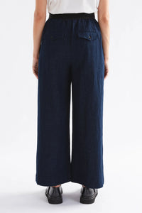 Elk Njolle indigo denim pant with contrast elastic waist.