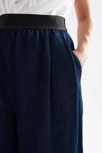 Elk Njolle indigo denim pant with contrast elastic waist.