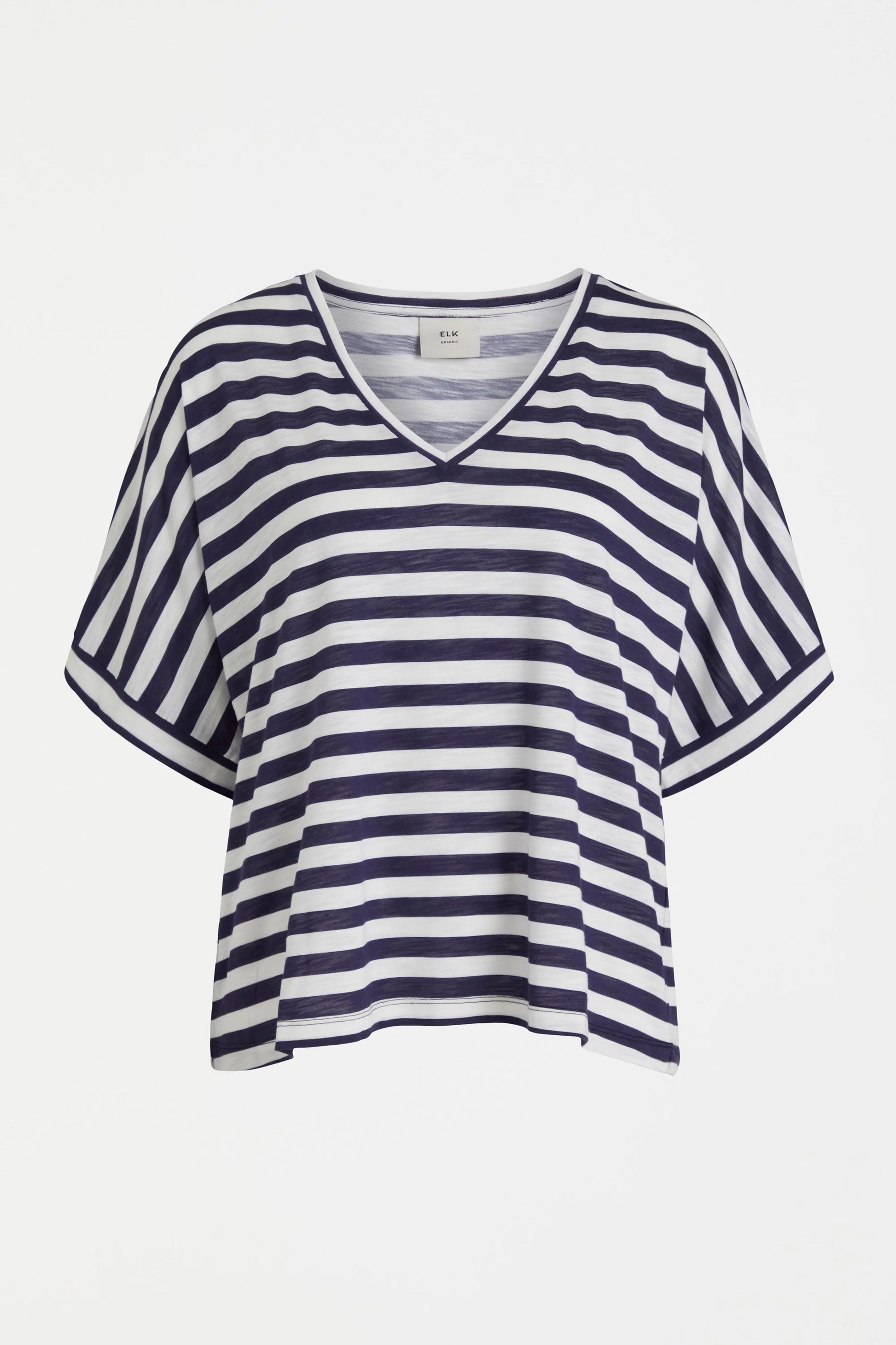 Elk v-neck Seter tee in navy blue and white stripe.