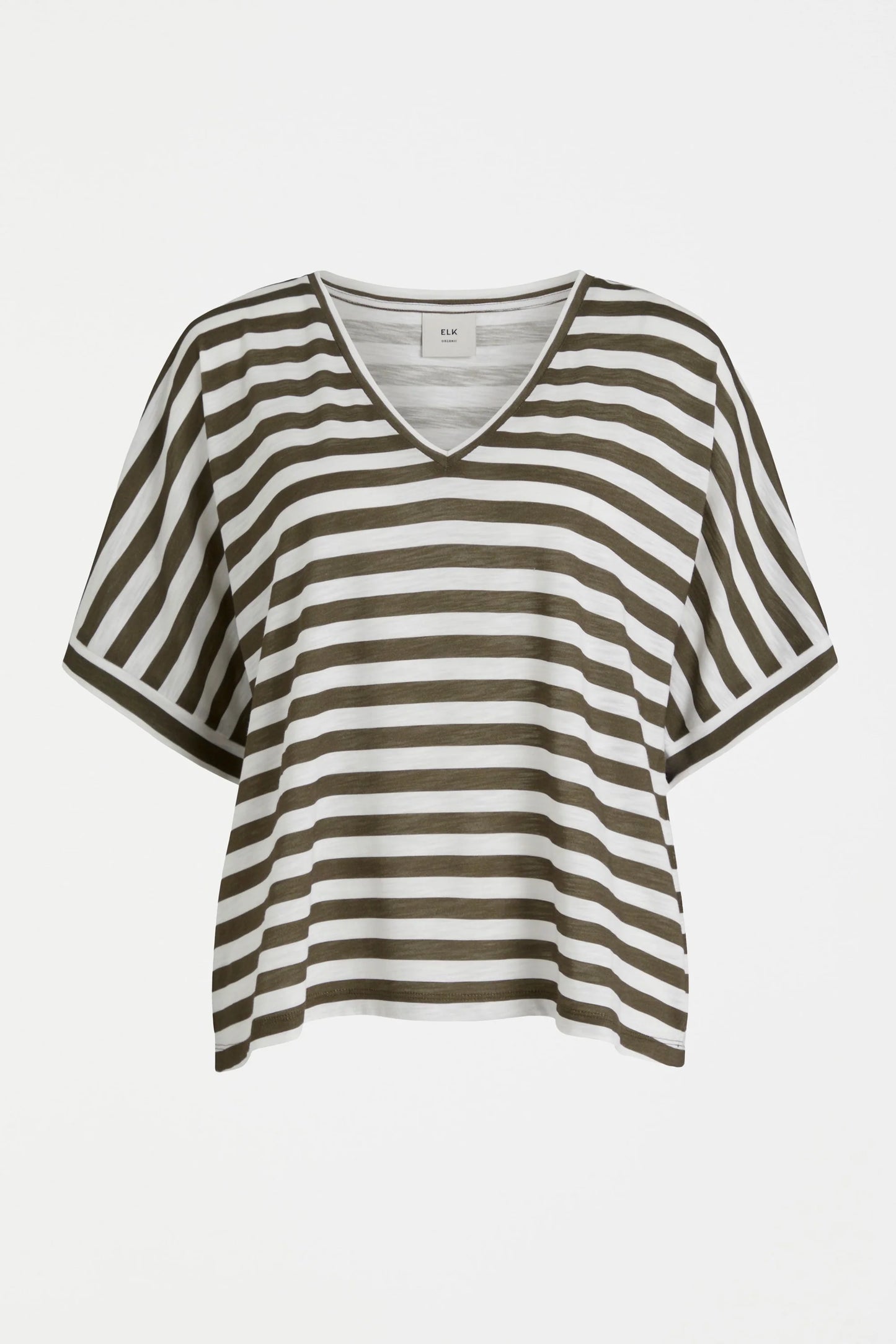 Elk v-neck Seter tee in olive and white stripe.