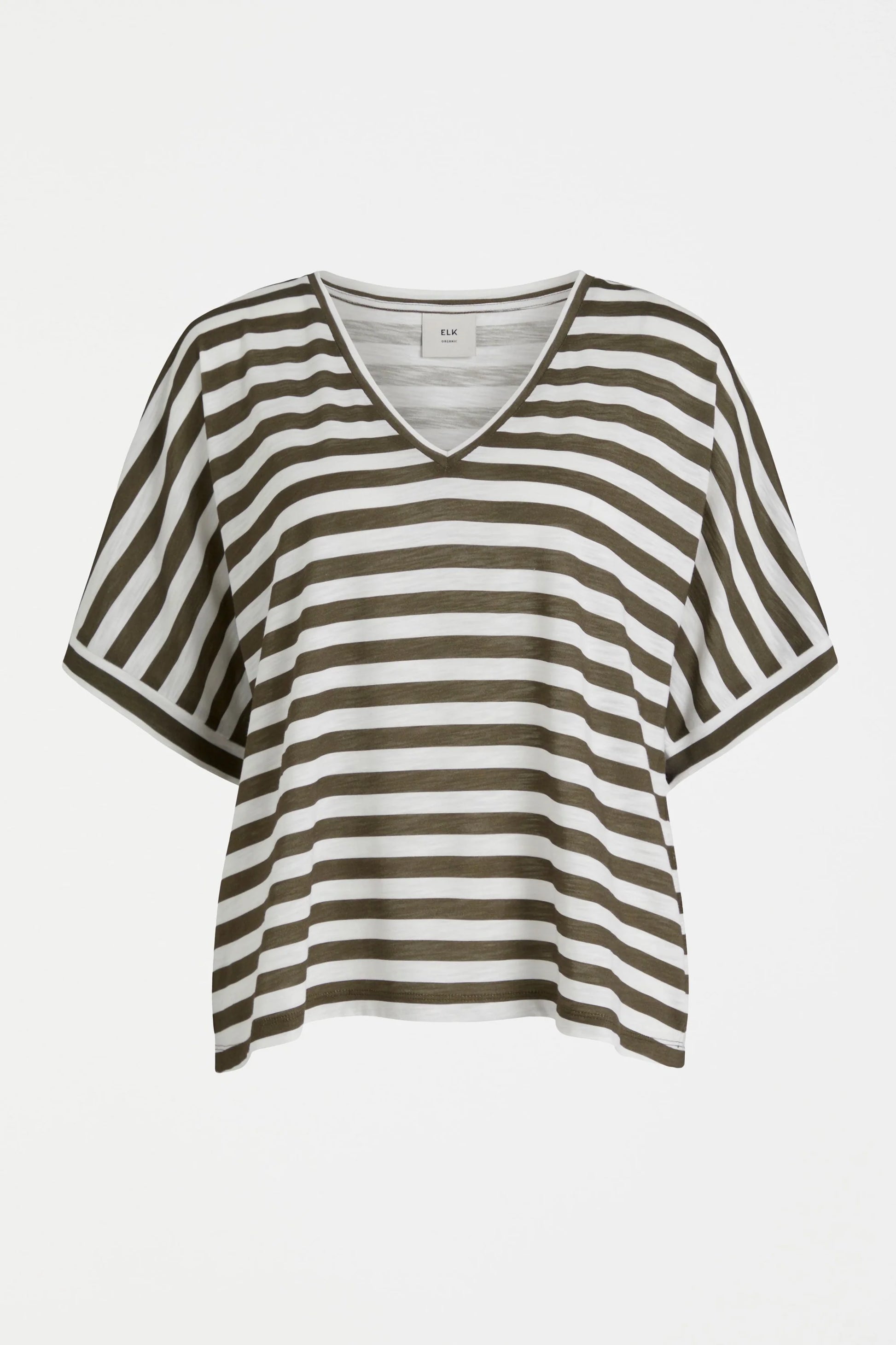 Elk v-neck Seter tee in olive and white stripe.