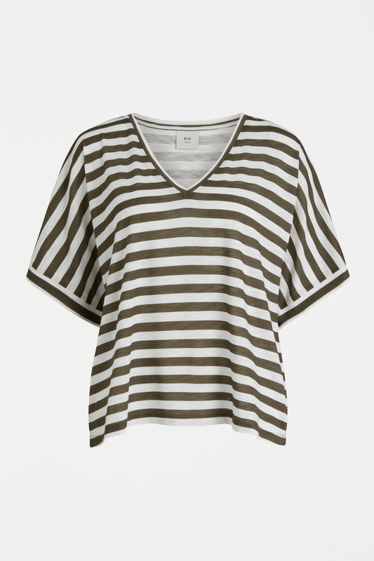 Elk v-neck Seter tee in olive and white stripe.