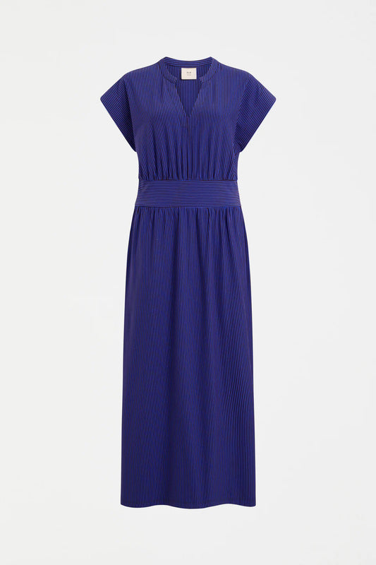Elk organic cotton jersey Evve dress in cobalt blue with fine brown stripe.