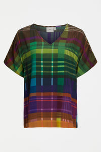 Elk Ideell V-neck top in Elodi print multicolour check.