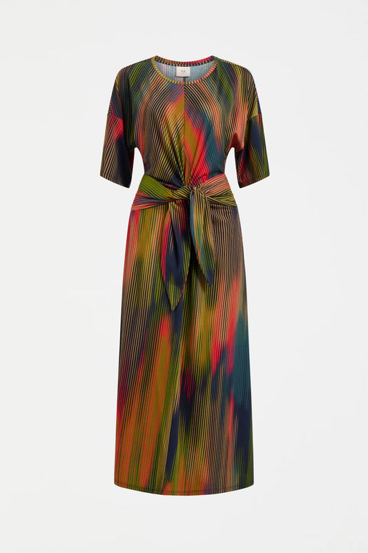 Elk Kihte T-shirt dress in multicolour stripe print organic cotton, tie waist.