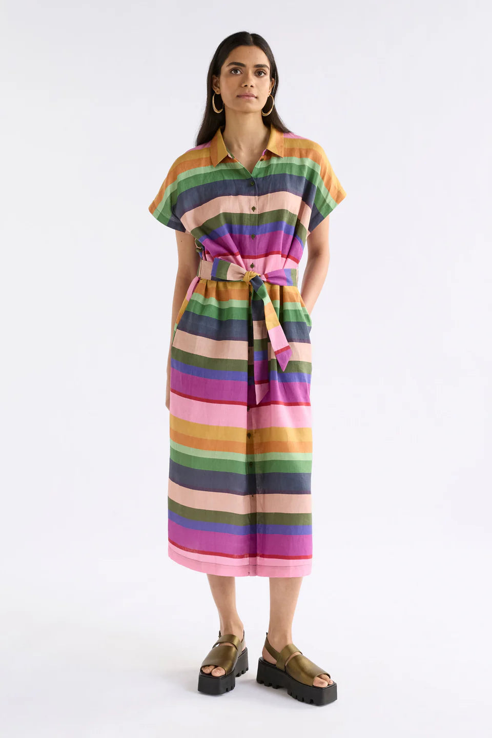 Elk Lysbro multicolour stripe print French linen shirt dress.