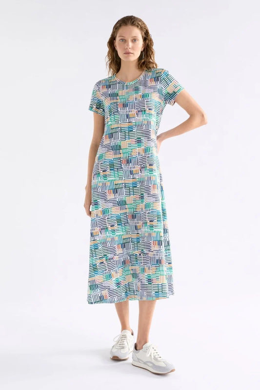 Elk organic cotton jersey knit Haki dress in CHess print.