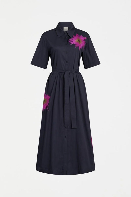 Elk Eiren shirt dress navy cotton sateen with lilac embroidered floral motifs.