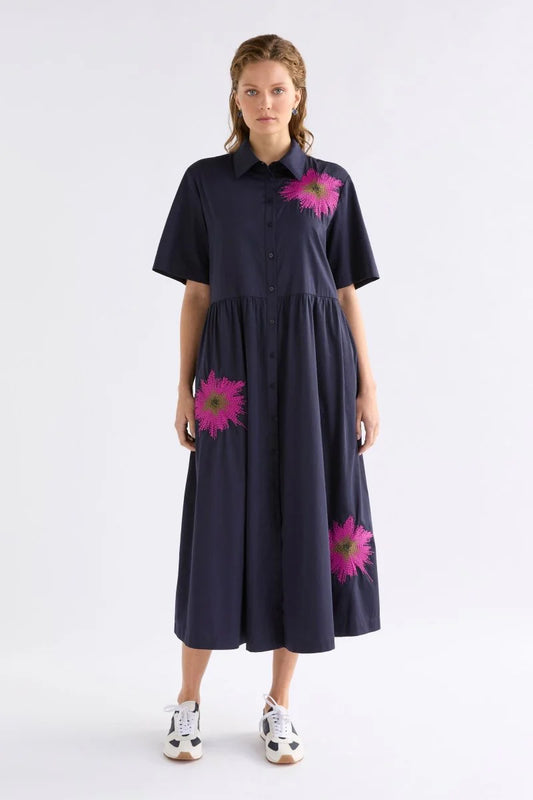 Elk Eiren shirt dress navy cotton sateen with lilac embroidered floral motifs.