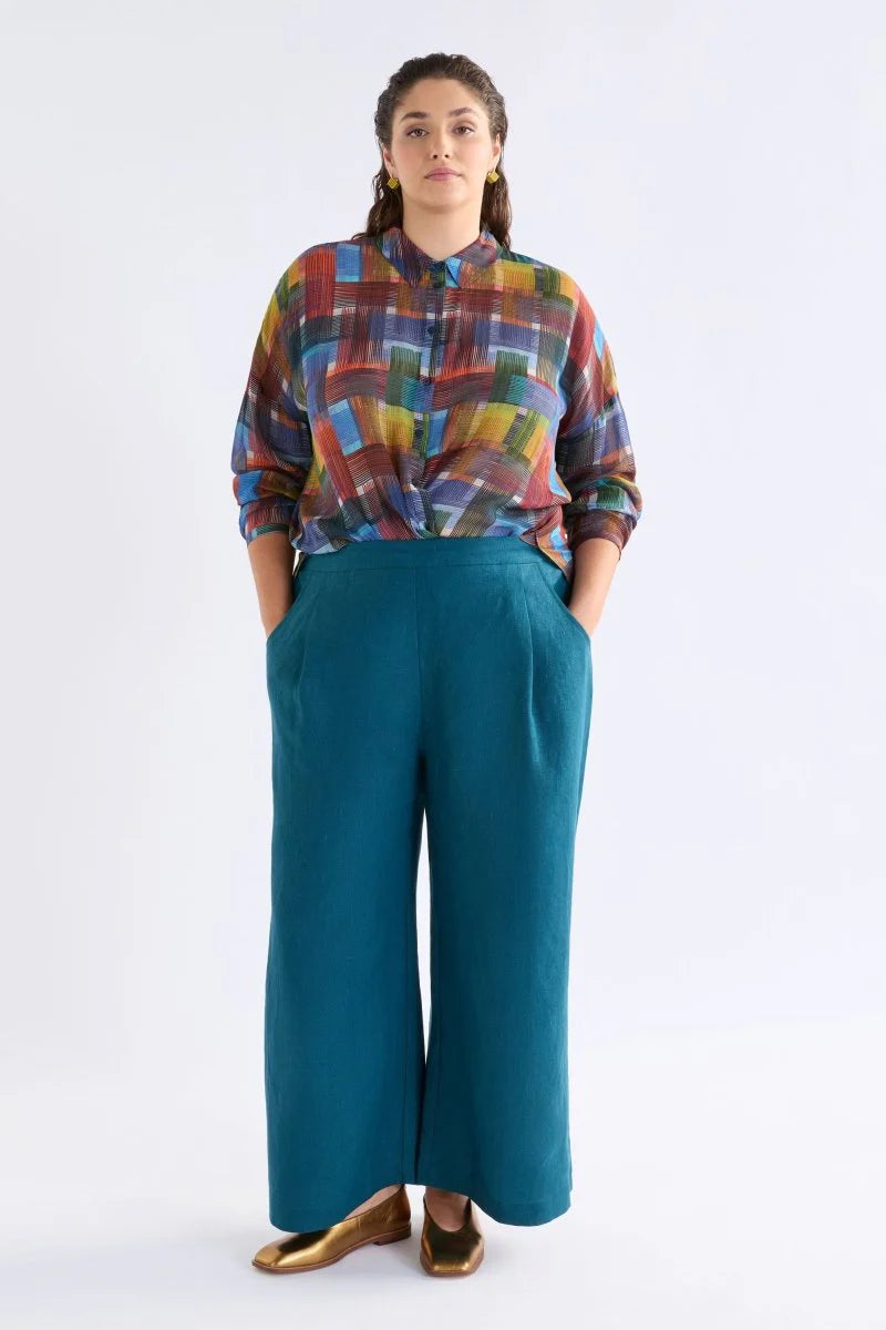 Elk Ilona pant French linen wide leg in teal peacock blue.