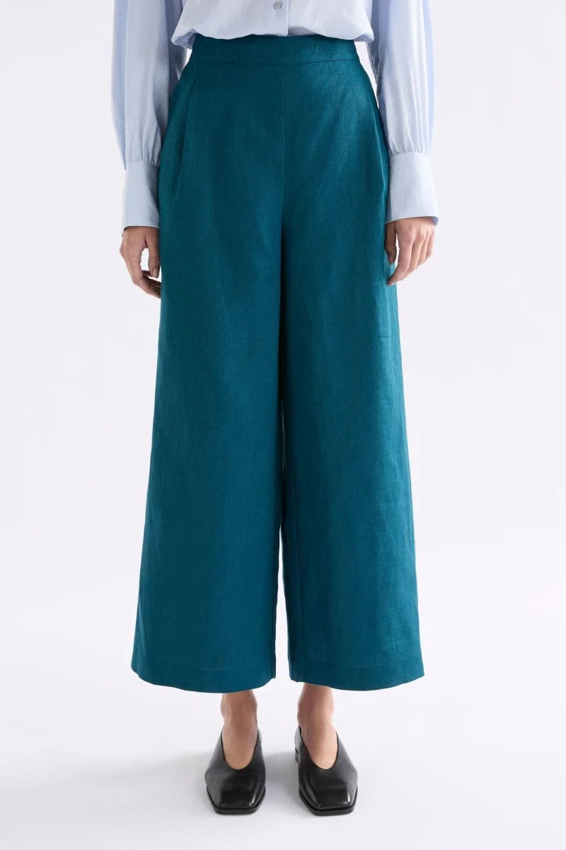 Elk Ilona pant French linen wide leg in teal peacock blue.