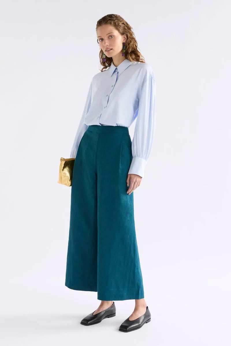 Elk Ilona pant French linen wide leg in teal peacock blue.