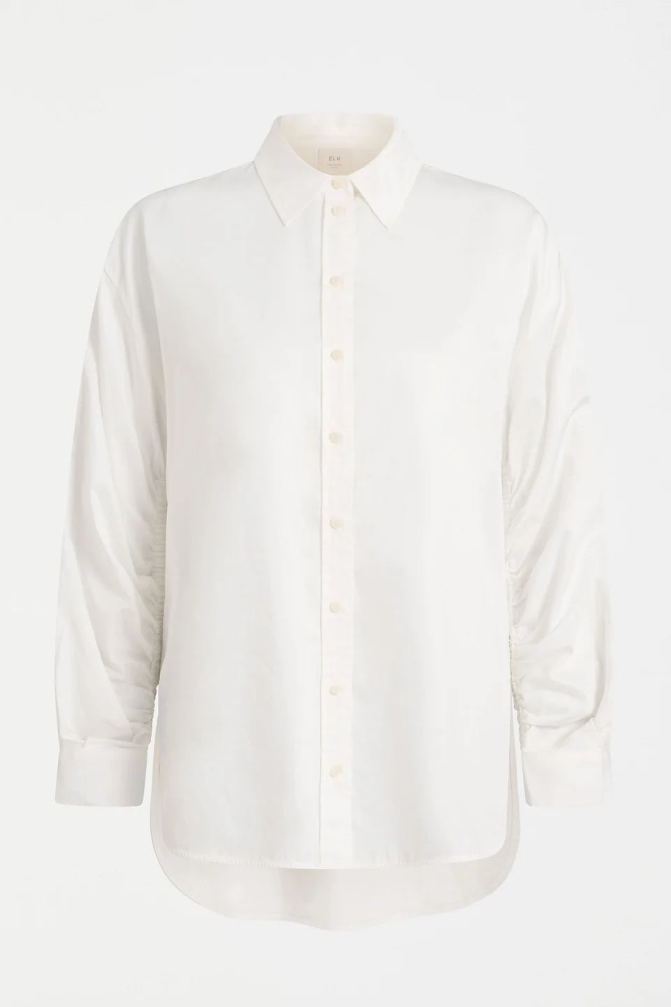 Elk organic cotton white Sol shirt with ruched sleeve detail.