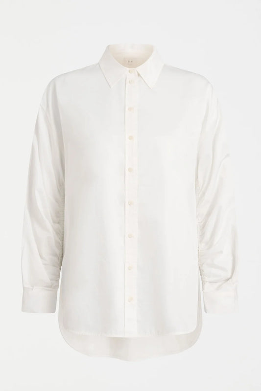 Elk organic cotton white Sol shirt with ruched sleeve detail.