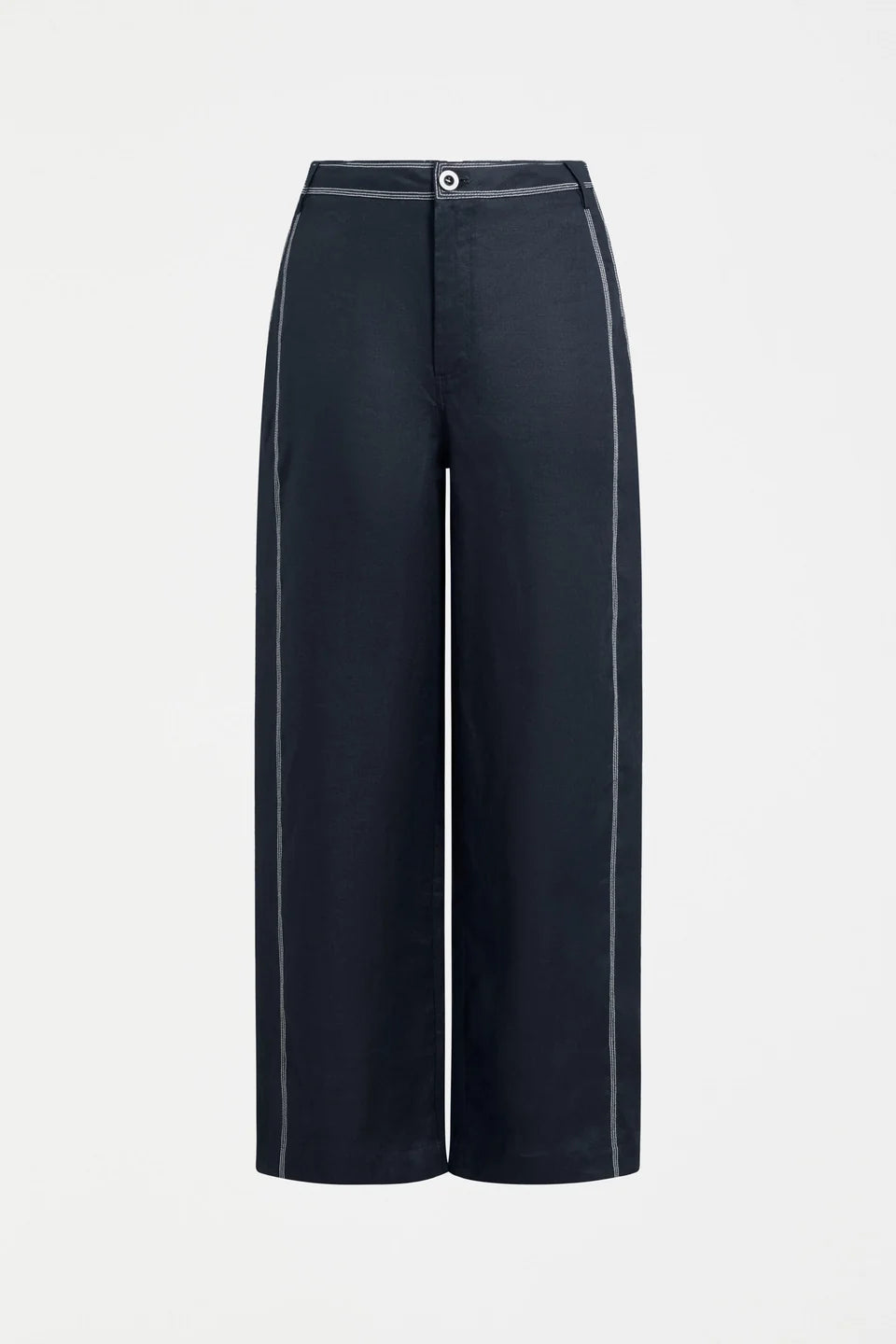 Elk Sonnen French linen pants, midnight navy with white top stitching.