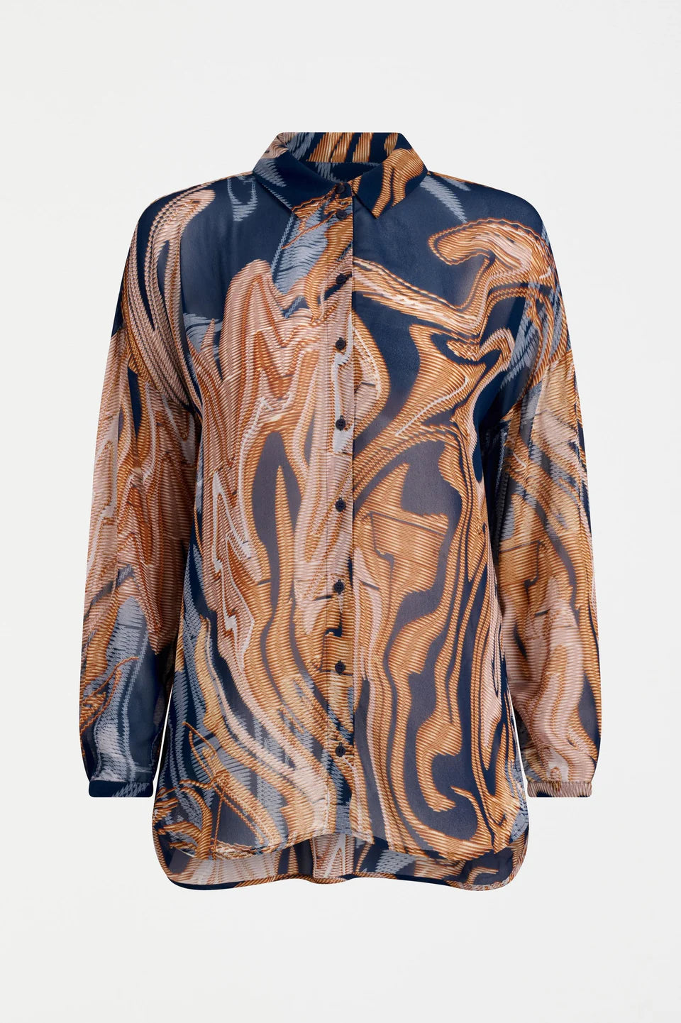 Elk Eir shirt in abstract neutrals print on navy base.