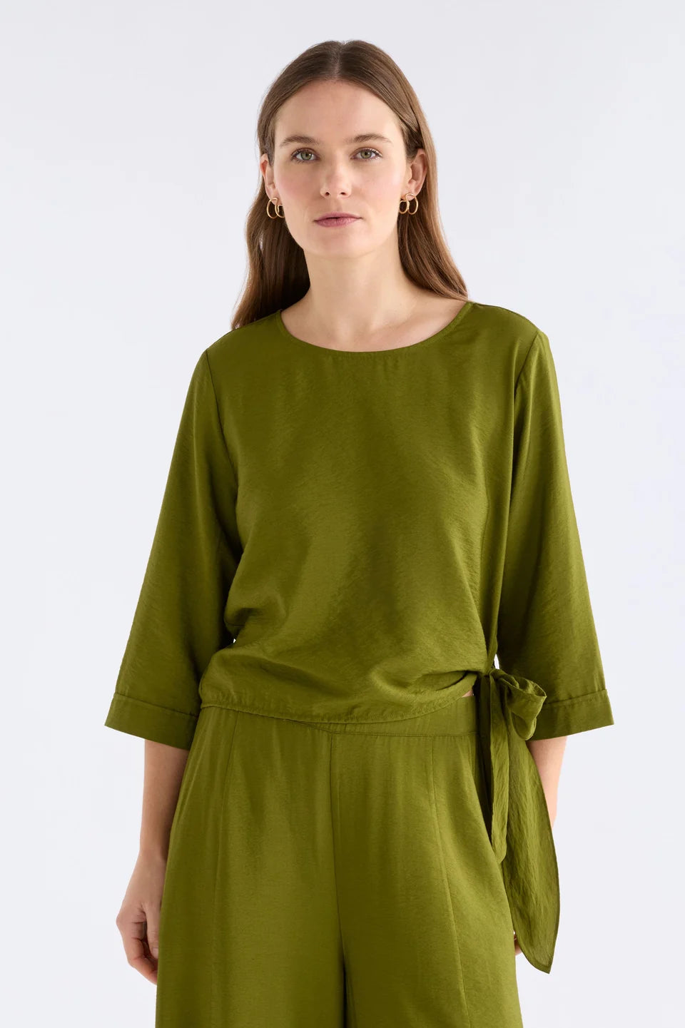 Elk Moss green blouse Rema top with a  side tie detail.