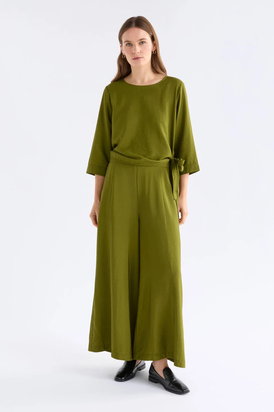 Elk Moss green blouse Rema top with a  side tie detail.