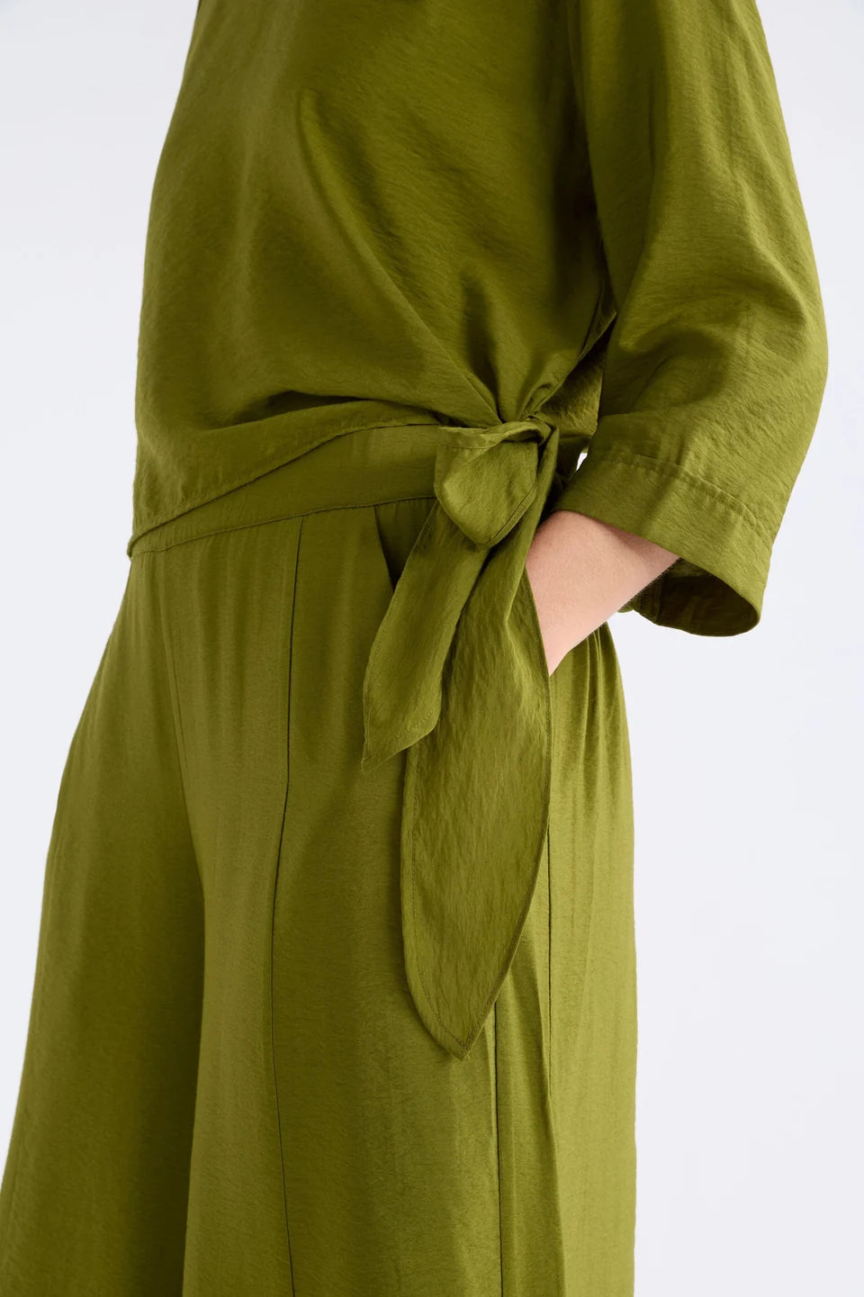 Elk Moss green blouse Rema top with a  side tie detail.