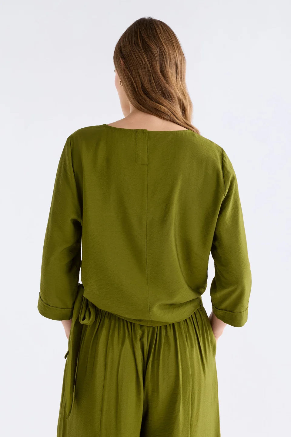 Elk Moss green blouse Rema top with a  side tie detail.