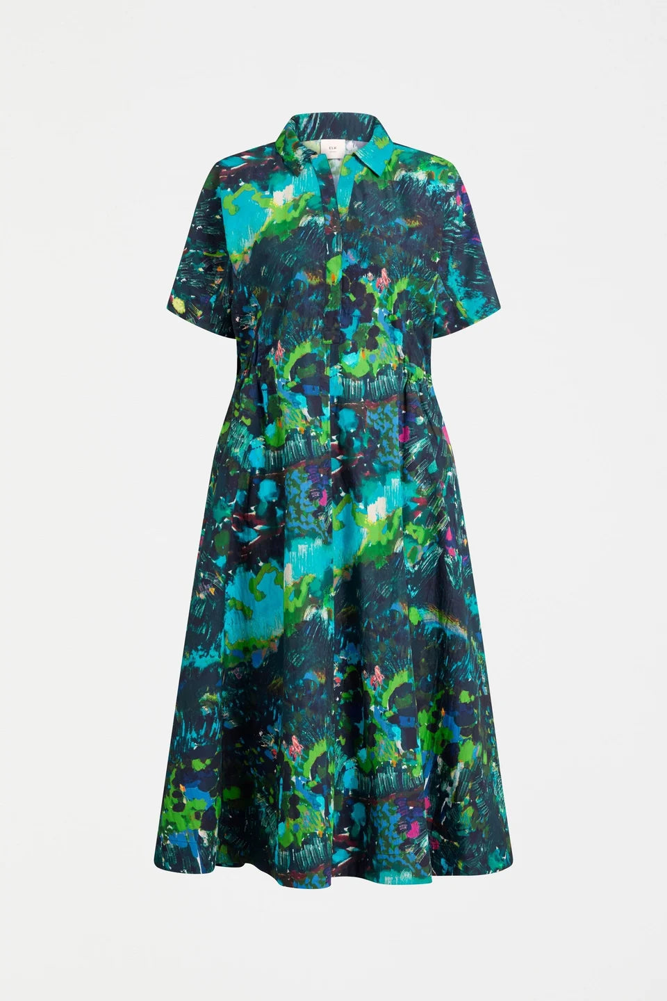 Elk Bohn shirt dress short-sleeve collared with a vibrant abstract floral print in shades of teal, green, blue, and black.