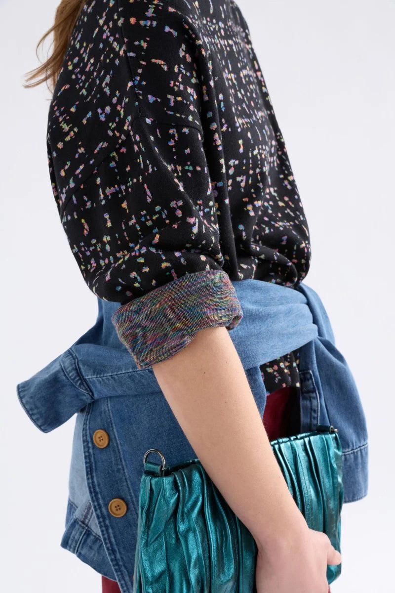 Elk Mohr organic cotton jersey knit long sleeve top black with multi-colour fleck.