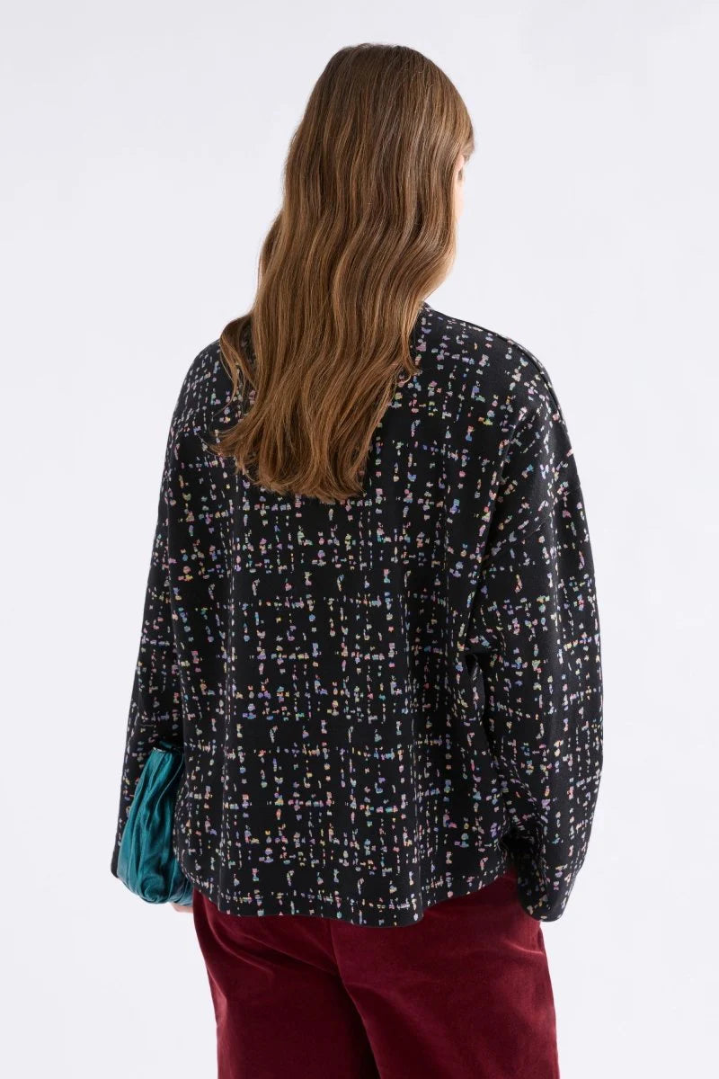 Elk Mohr organic cotton jersey knit long sleeve top black with multi-colour fleck.